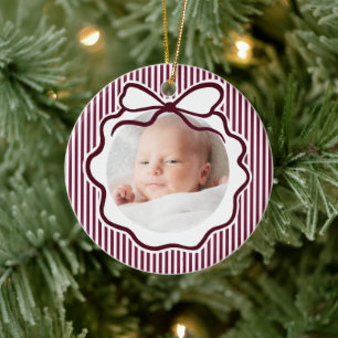 Burgundy Coquette Bow Babys First Christmas Ceramic Ornament