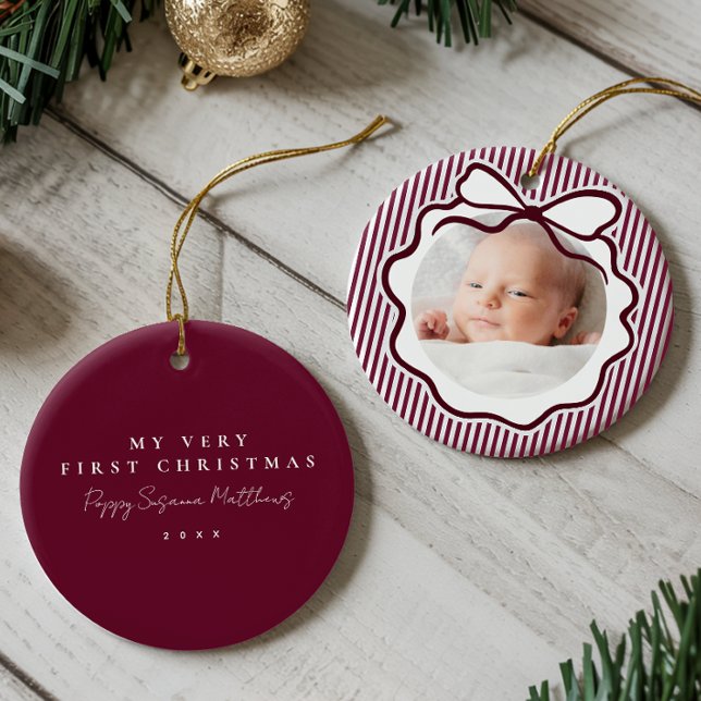 Burgundy Coquette Bow Babys First Christmas Ceramic Ornament (Creator Uploaded)
