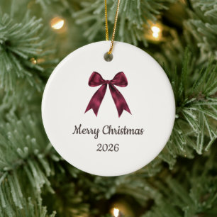Burgundy Coquette Bow Merry Christmas Year Ornamen Ceramic Ornament