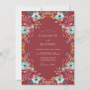 Burgundy Cornflower Wreath Wedding Invitation