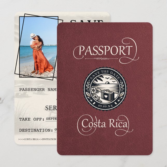 Burgundy Costa Rica Passport Save The Date (Front/Back)