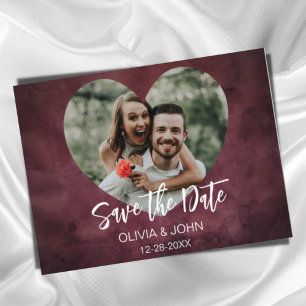 Burgundy Couple's Photo in Heart Frame Wedding Postcard