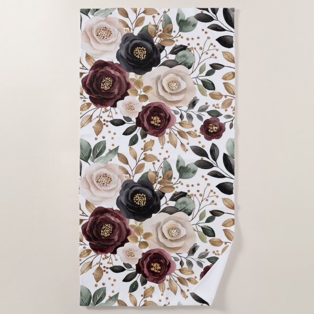 Burgundy Cream Black Floral Beach Towel (Front)