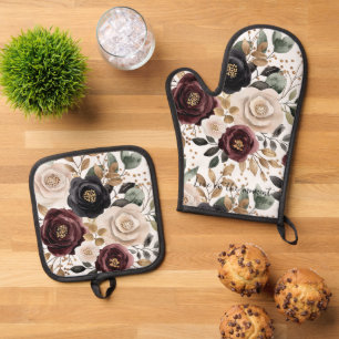 Burgundy Cream Black Floral Oven Mitt & Pot Holder Set