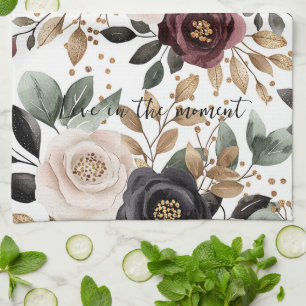 Burgundy Cream Black Floral Tea Towel