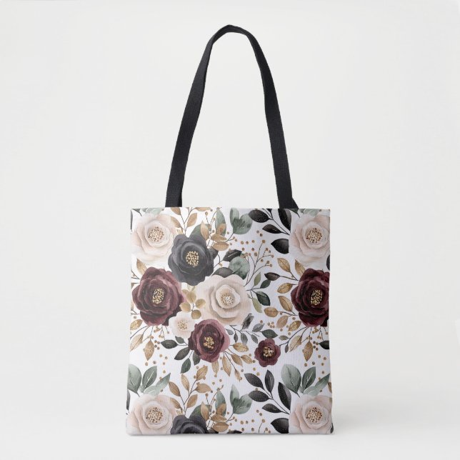 Burgundy Cream Black Floral Tote Bag (Front)