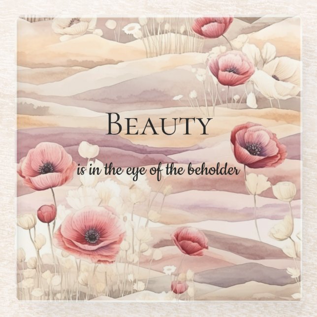 Burgundy Cream Blush Floral Bridal Shower Glass Coaster (Front)