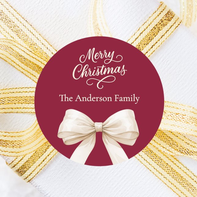 Burgundy cream bow Christmas Classic Round Sticker (Creator Uploaded)