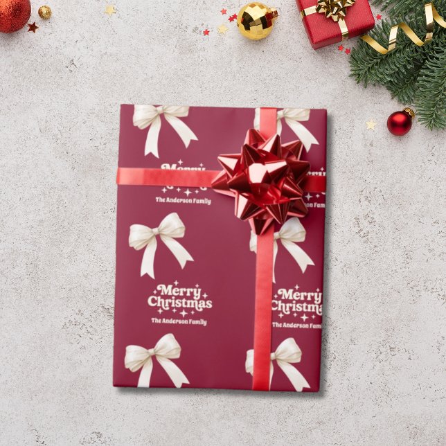 Burgundy cream bow retro Christmas Wrapping Paper (Creator Uploaded)