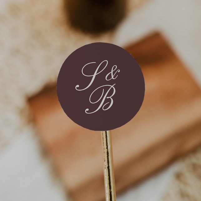 Burgundy & Cream Classic Script Monogram Wedding Round Sticker (Creator Uploaded)