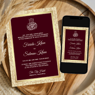Burgundy Cream Damask Islamic Muslim Wedding Invitation