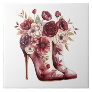Burgundy Cream Floral Boots Ceramic Tile