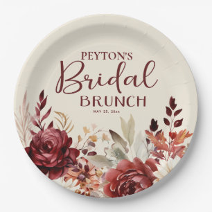 Burgundy Cream Floral Bridal Brunch Paper Plate