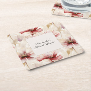 Burgundy Cream Floral Bridal Shower Square Paper Coaster