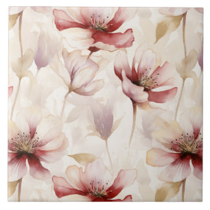 Burgundy Cream Floral Ceramic Tile