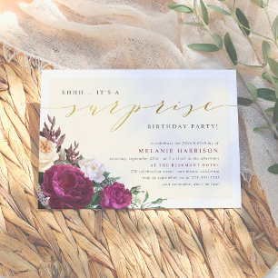 Burgundy & Cream Floral Surprise Birthday Party Invitation
