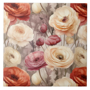 Burgundy Cream Flowers Ceramic Tile