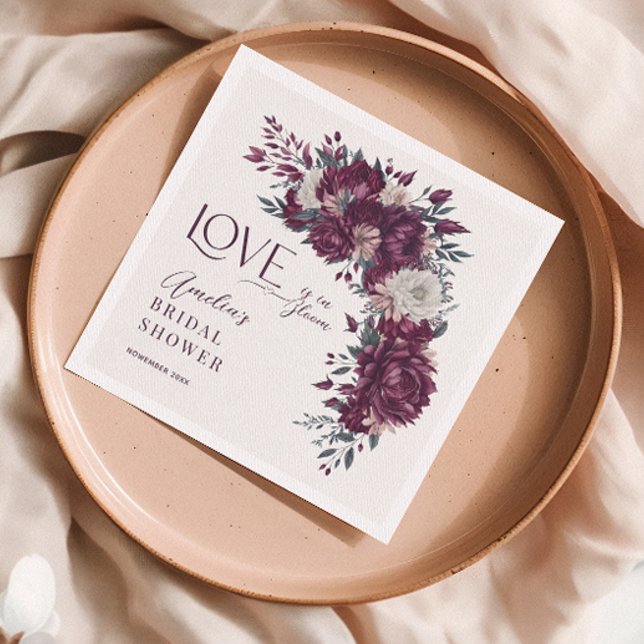 Burgundy Cream Flowers Love in Bloom Bridal Shower Napkin (Creator Uploaded)