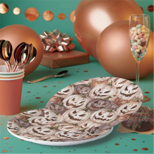 Burgundy Cream Halloween Pumpkins Paper Plate