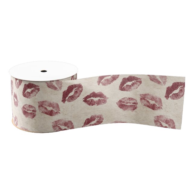 Burgundy Cream Lips Kiss Bridal Shower Grosgrain Ribbon (Spool)
