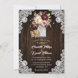 Burgundy Cream Mauve Rustic Wood Floral Wedding Invitation
