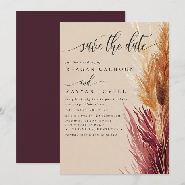 Burgundy Cream Modern Pampas Grass Save The Date Invitation (Front/Back)