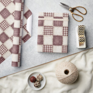 Burgundy Cream Plaid Stripes Christmas Wrapping Paper