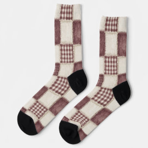 Burgundy Cream Plaid Stripes Socks