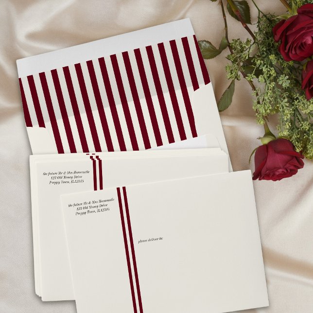 Burgundy Cream Preppy Stripe Wedding Envelope (Classic striped Envelopes from the Burgundy Stripe Old Money Wedding Collection by Darling & May)