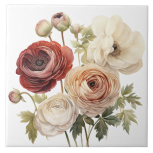 Burgundy Cream Ranunculus Flowers Ceramic Tile