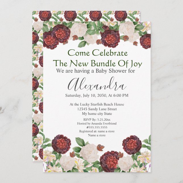 Burgundy Cream Roses Floral Baby Shower invitation (Front/Back)