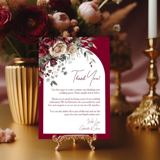 Burgundy & Cream Roses Modern Arch Elegant Wedding Thank You Card (Creator Uploaded)