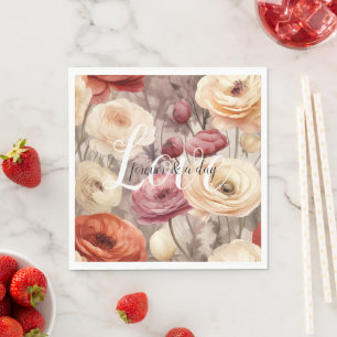 Burgundy Cream Spring Flowers Wedding Love Napkin