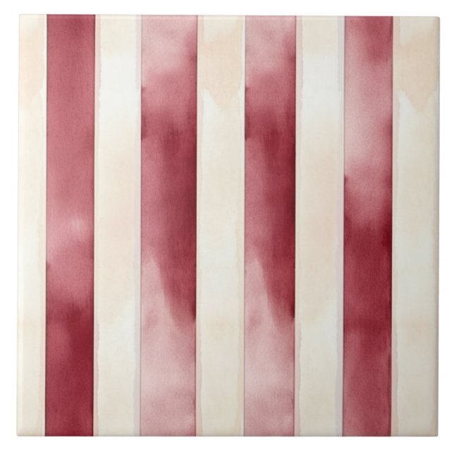 Burgundy Cream Stripes  Ceramic Tile (Front)
