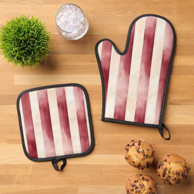 Burgundy Cream Stripes  Oven Mitt & Pot Holder Set (Top Down)