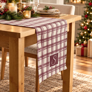 Burgundy Cream Tartan Plaid Monogram Short Table Runner