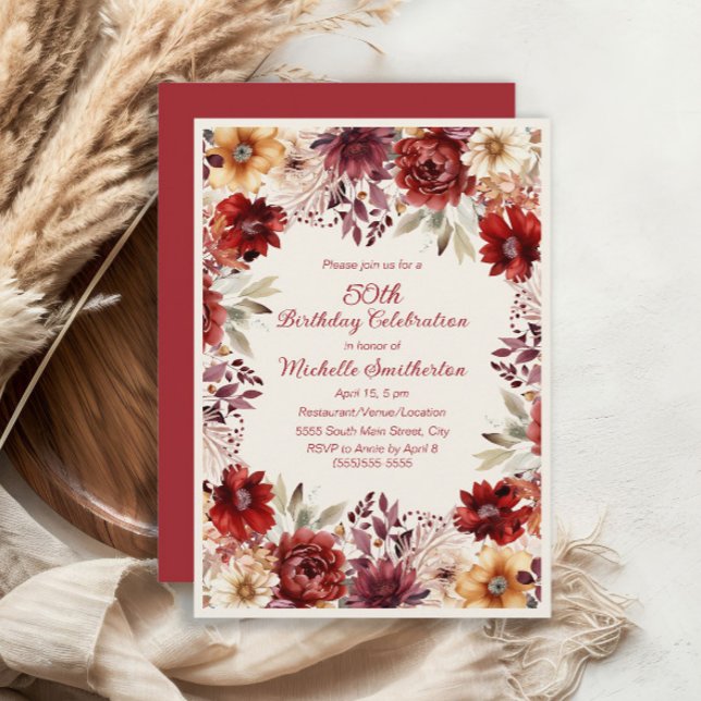 Burgundy Cream Watercolor Floral 50th Birthday Invitation (Burgundy and cream floral 50th birthday party invitation)