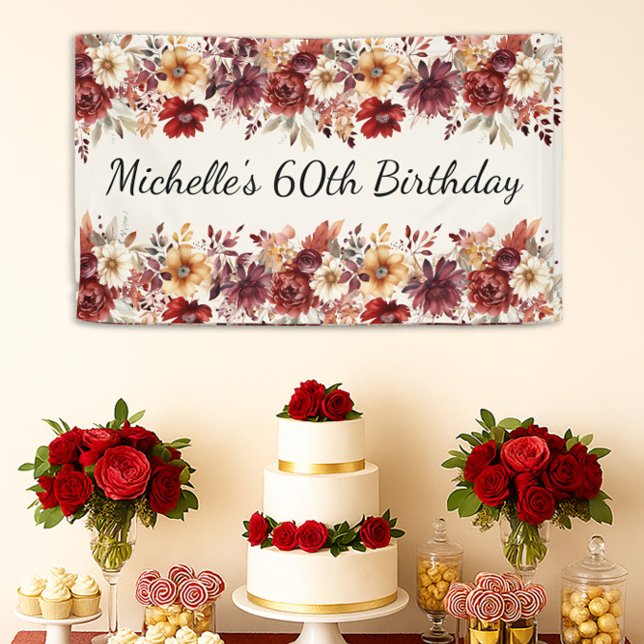 Burgundy Cream Watercolor Floral 60th Birthday Banner (Elegant fall floral 60th birthday party banner)