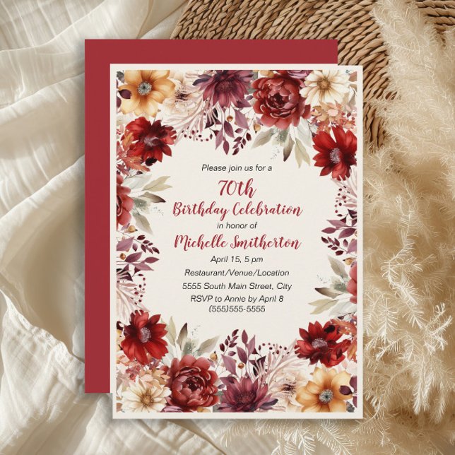 Burgundy Cream Watercolor Floral 70th Birthday Invitation (Burgundy, rust, and cream-colored watercolor floral 70th birthday party invitation for women.)