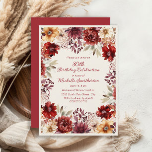 Burgundy Cream Watercolor Floral 80th Birthday Invitation