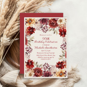 Burgundy Cream Watercolor Floral 90th Birthday Invitation