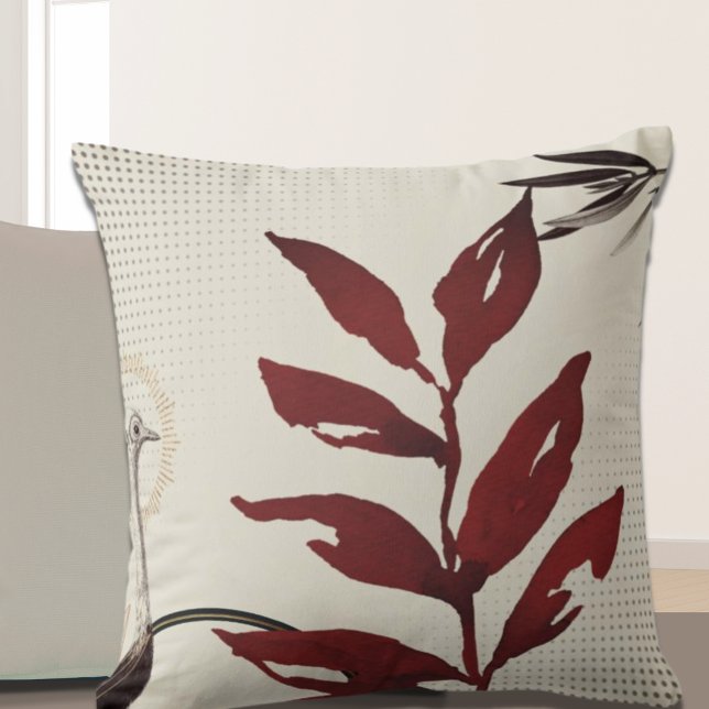 Burgundy & Cream Watercolor Leaves Ostrich Cushion (Creator Uploaded)
