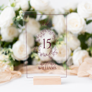 Burgundy Crest Monogram Wedding Table Number Acrylic Sign
