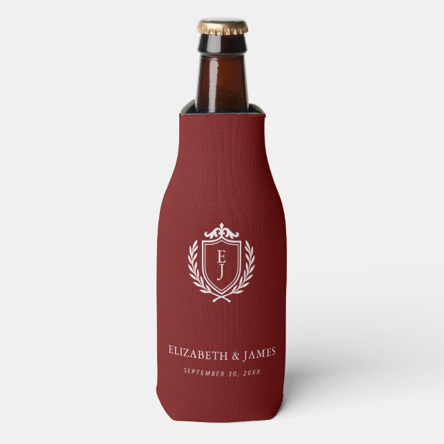Burgundy Crest Wedding Custom Initials Bottle Cooler (Bottle Front)