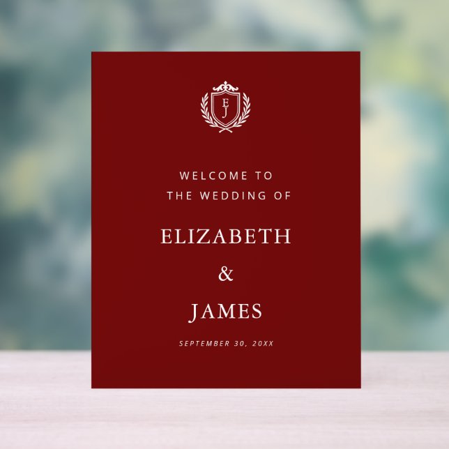 Burgundy Crest Wedding Welcome, Custom Initials Acrylic Sign (Neutral)