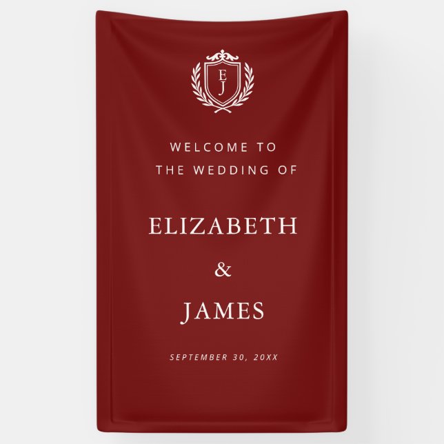 Burgundy Crest Wedding Welcome, Custom Initials Banner (Vertical)