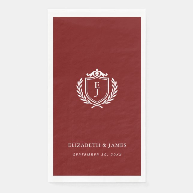 Burgundy Crest Wedding Welcome, Custom Initials Napkin (Front)