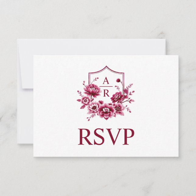 Burgundy crest with intitials and qr code wedding RSVP card (Front)