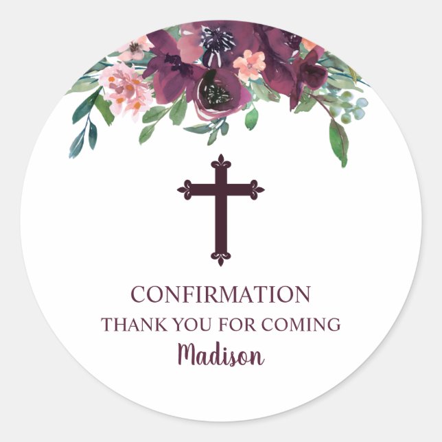 Burgundy Cross Floral Confirmation Thank You Classic Round Sticker (Front)