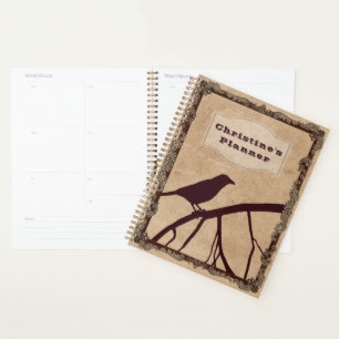 Burgundy Crow and Custom Text on Antique Parchment Planner